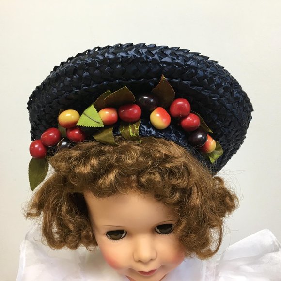 Vintage Black Straw Hat with Cherries by "Dayne Taylor" - Picture 2 of 6